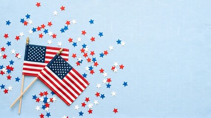 Obraz premium Labor day celebration with american flags and patriotic confetti on a light blue background