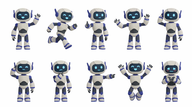 Cute Robot Character Collection with Nine Different Poses and Expressions, Flat Design Illustration