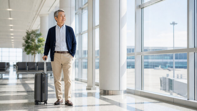 Japanese senior man standing in bright airport terminal with carry on suitcase
