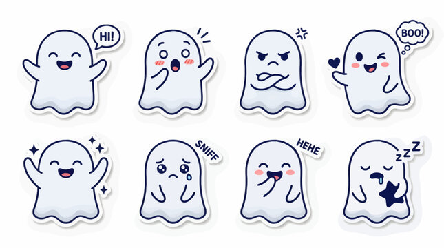 Cute Cartoon Ghost Characters with Various Expressions, Flat Design Vector Illustrations for Halloween and Emojis
