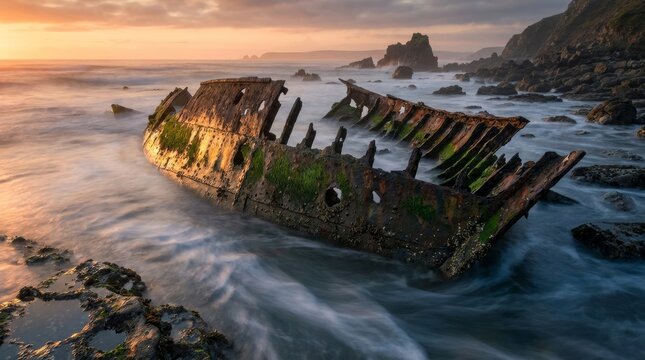 Scenic shipwreck wreckage on coastal rocks with dramatic sunset light