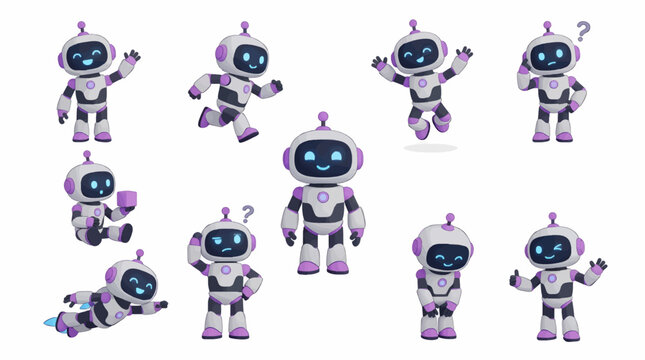 Cute Robot Character Collection with Nine Different Poses, Waving, Running, Jumping, Thinking, Flying, and Giving Thumbs Up, Flat Design Vector Illustration