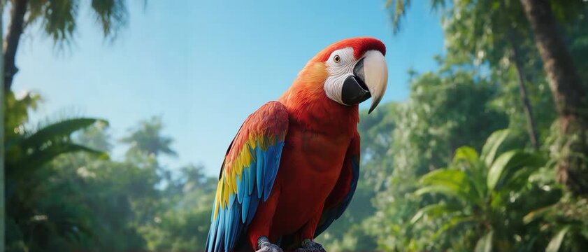 Scarlet macaw sitting peacefully in a vibrant tropical jungle