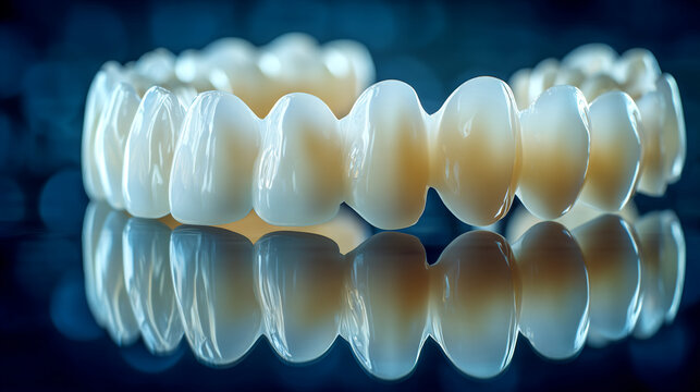 Dental bridge with white ceramic teeth crown model reflecting on dark blue surface, dentistry