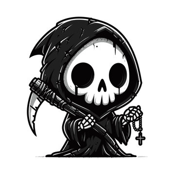 A cute cartoon grim reaper character with a skull face, holding a scythe and a rosary, depicted in a minimalist black and white style.