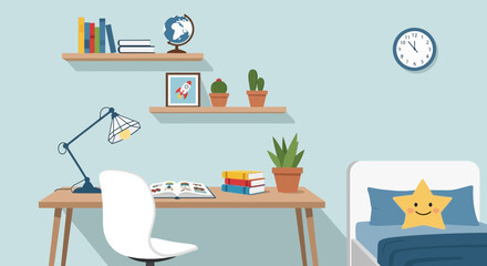 Fototapeta premium Cozy Study Room with Bookshelf and Desk Setup