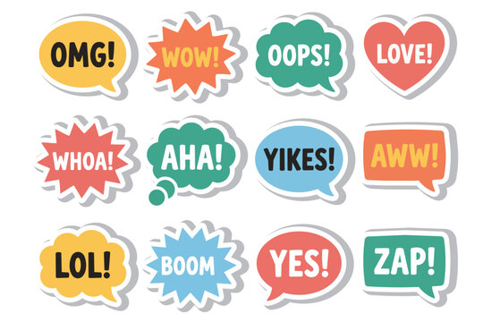 Comic expression speech bubble sticker set &ndash; OMG, wow, oops, love, whoa, lol, boom, yes, zap, and fun reaction text labels in colorful flat design