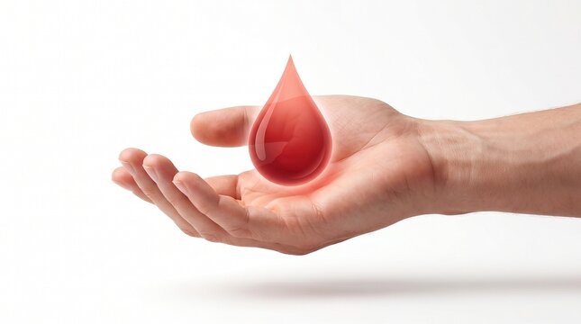 A compassionate hand supports a glistening red blood drop, embodying life-saving generosity and the vital importance of giving during World Blood Donor Day