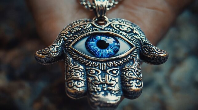 Unique accessory featuring a silver hamsa hand and blue pendant.