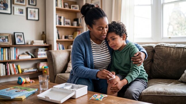 Mother comforting her sad son while applying bandage to his scraped knee in cozy living room, showing care, support, and home healthcare in diverse family setting