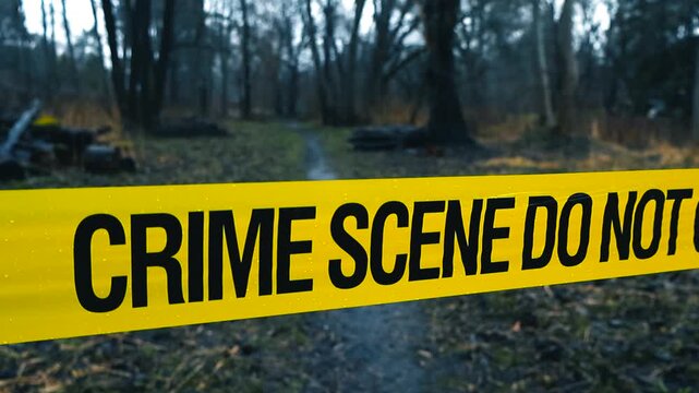 Yellow police tape reading crime scene do not cross marking off a muddy path in a dark, eerie forest during a rainy day, with a shallow depth of field creating a bokeh background