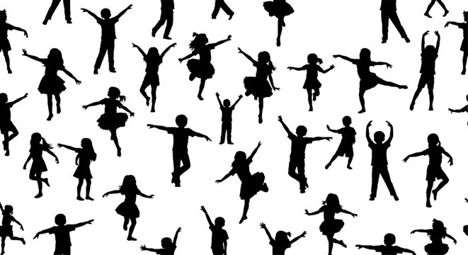 Silhouette figures in various joyful dance poses pattern.