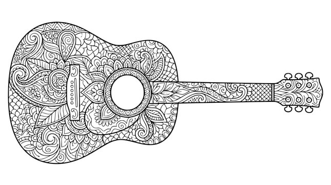 Intricate Mandala Acoustic Guitar Coloring Page for Adults