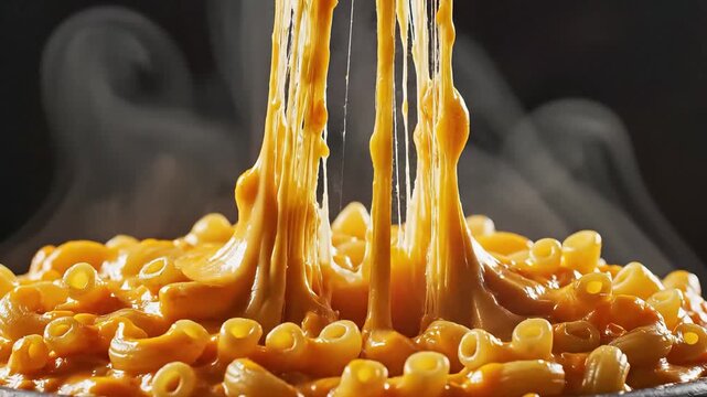 Hot macaroni and cheese with gooey melted cheese pull and steam