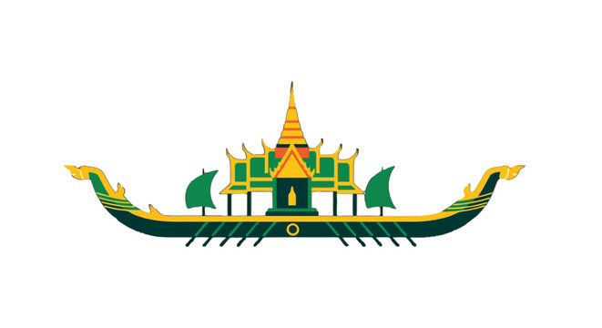 Ornate traditional royal barge with golden temple illustration.