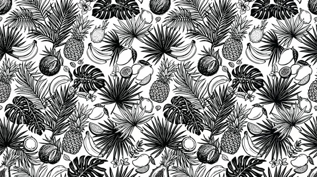 Monochrome tropical plant leaves pattern featuring palms ferns and fruit motifs.