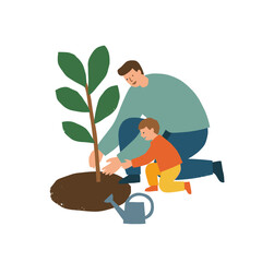 Fototapeta premium Father and child planting a tree together outdoors