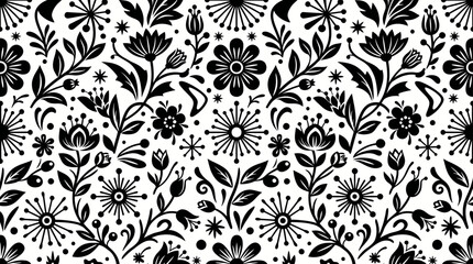 Obraz premium Intricate black floral pattern seamless wallpaper design for textiles and graphics.