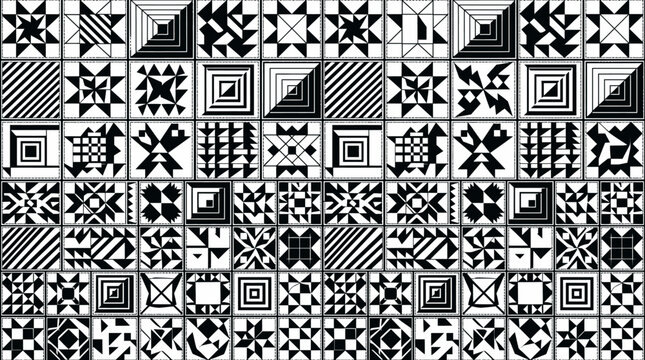 Monochrome geometric quilt pattern with diverse tessellations and tiled motifs across a grid.