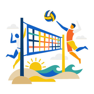 Beach volleyball players jumping and spiking ball over net