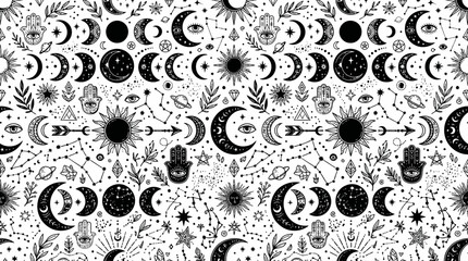 Monochrome celestial moon sun star patterns with crescent and floral elements in a seamless decorative design. © pixmastock