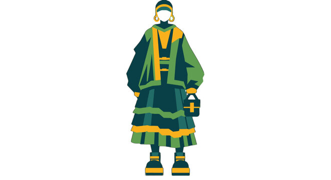 Pixelated Character in Colorful Traditional Winter Attire.