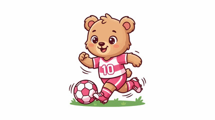 Fototapeta premium Cute Cartoon Bear Playing Soccer, Wearing Pink Jersey with Number 10, Running with Ball on Green Grass, Flat Vector Illustration, White Background