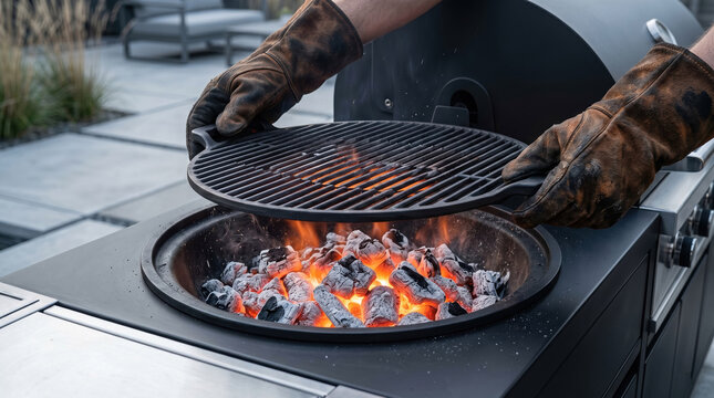 Chef preparing a charcoal grill with cast iron grate and protective leather gloves