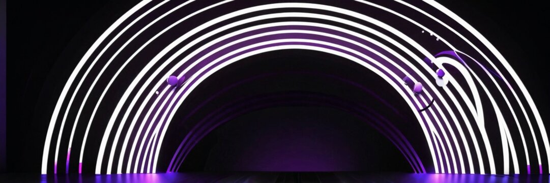 Parametric audio equalizer circles illuminated by brilliant purple laser paths and scattered stardust
