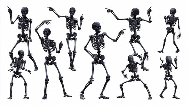 Group of black skeletons dancing in a lively formation on a white background