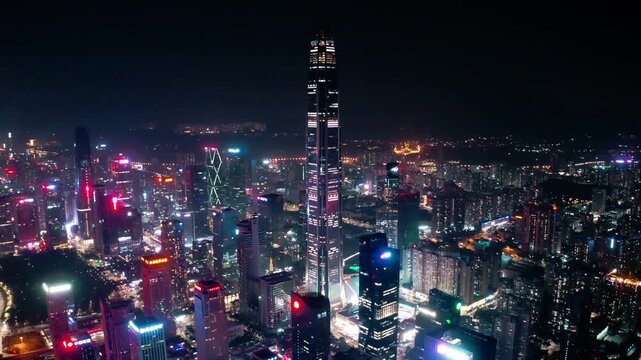 Aerial Night Skyline of Shenzhen China with Ping An Finance Center