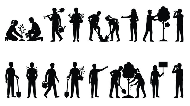 People planting trees silhouettes collection for reforestation and ecological awareness concept.