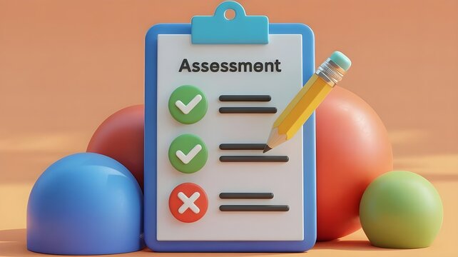 3d illustration of assessment clipboard with checklist and pencil on colorful background