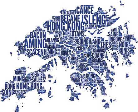 Blue typographic world map made of city and country names on white background