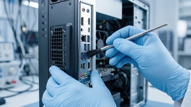 Technician cleaning computer ports to prevent hardware failure and potential security vulnerabilities