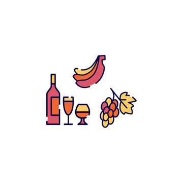 Wine bottle glass and fruits icon vector template.