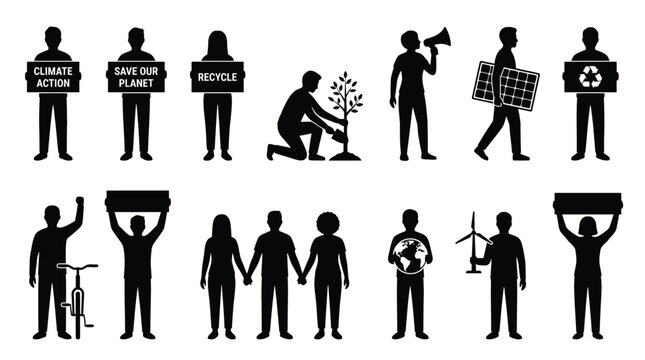 People silhouettes caring for planet with recycling, planting trees and solar power.