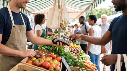 Fototapeta premium Smiling man selling fresh produce at outdoor farmers market accepting contactless payment from customer using smartphone. Woman and man shopping