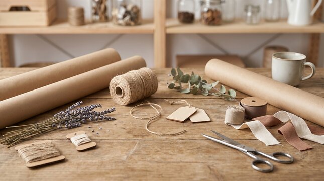 Rustic craft table with gift wrapping supplies. kraft paper, twine, scissors and dried lavender. eco friendly packaging for handmade presents