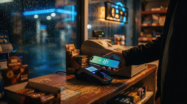 Man using smartphone for contactless payment at shop counter. Secure transaction confirmation on screen. Nighttime convenience store with rain on window