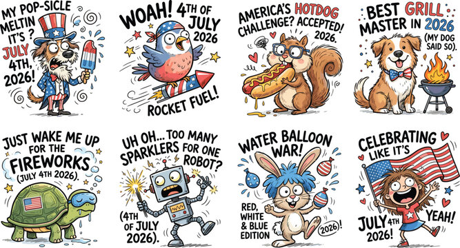 Funny Fourth of July 2026 Cartoon Collection with Dog Bird Squirrel Robot Turtle Bunny Girl Popsicle Hotdog and Water Balloon Designs