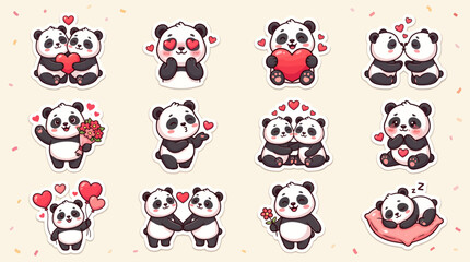 Fototapeta premium Cute Panda Sticker Pack with Romantic Hearts and Love Themes for Valentines Day