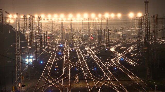 Illuminated Railway Yard at Night with Multiple Train Tracks
