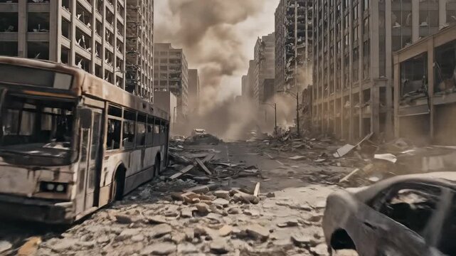 A devastating urban disaster scene shows a wrecked city street with a damaged bus and debris scattered everywhere while thick smoke billows through the ruins of high buildings after