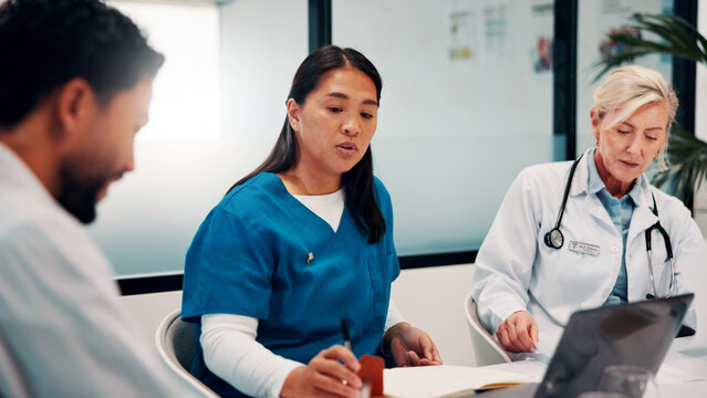 Meeting, discussion and doctors in hospital on laptop for planning, surgery schedule and advice. Healthcare, clinic and people with notes for consulting, treatment course or medical service with team