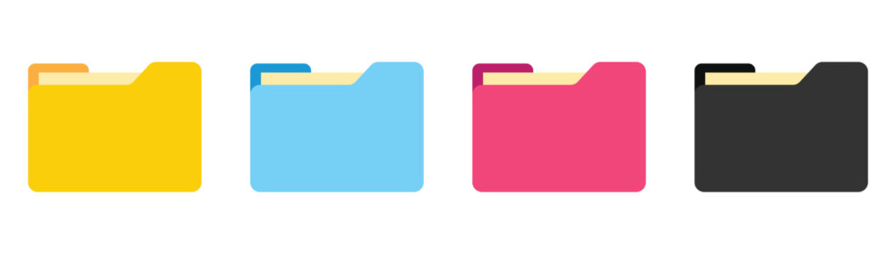 Set of file icon folder computer file colourful document binder. collection of open and closed folders. yellow blue black flat vector symbol for website design. vector illustration