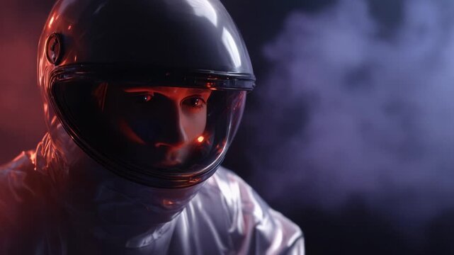 An intense portrayal of an astronaut surrounded by colorful smoke, highlighting the mysterious and futuristic aspects of space exploration and human curiosity.