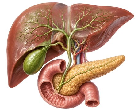 Human gallbladder and biliary tree system featuring realistic hepatobiliary structures, liver, bile ducts, pancreas, and duodenum, Clean white background.