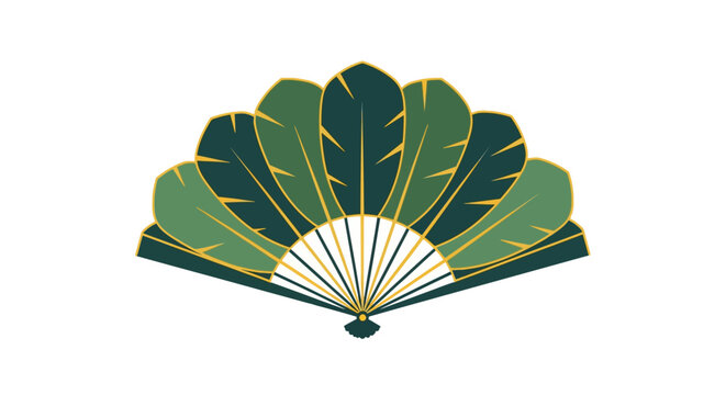 Decorative green oriental fan with intricate leaf design.