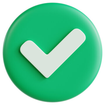 Green checkmark badge displaying successful completion status rendered in smooth 3D illustration style on transparent background for UI design, representing system approval and task validation.